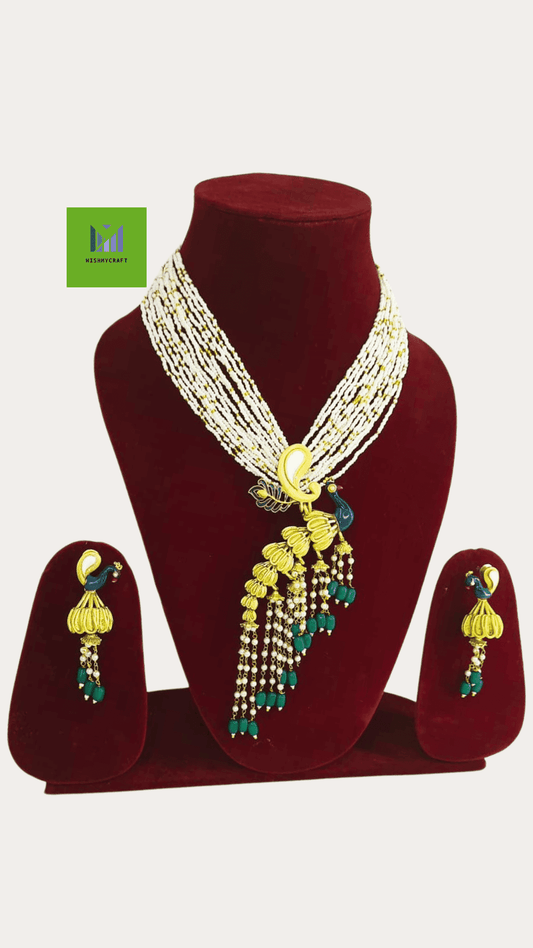 Women Peacock Gold-Plated Stone-Studded Beaded Necklace & Earrings Set