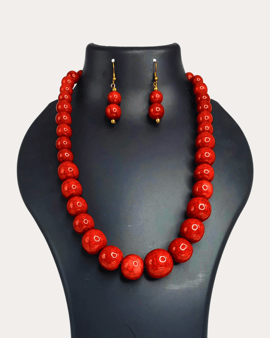 Ball Red Beaded Jwl With Earring