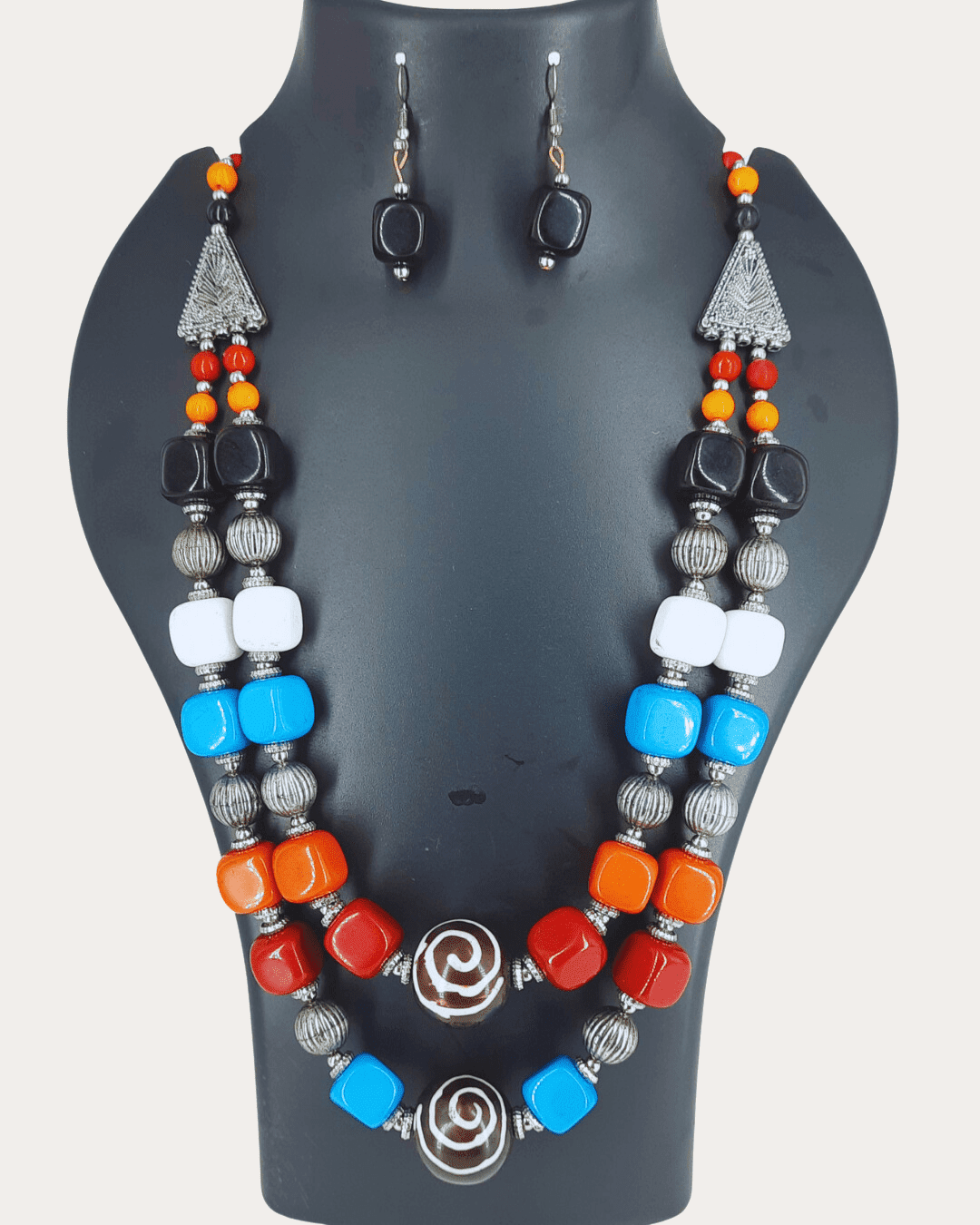 Multi Colored Two Layered String Beads Necklace With Earrings