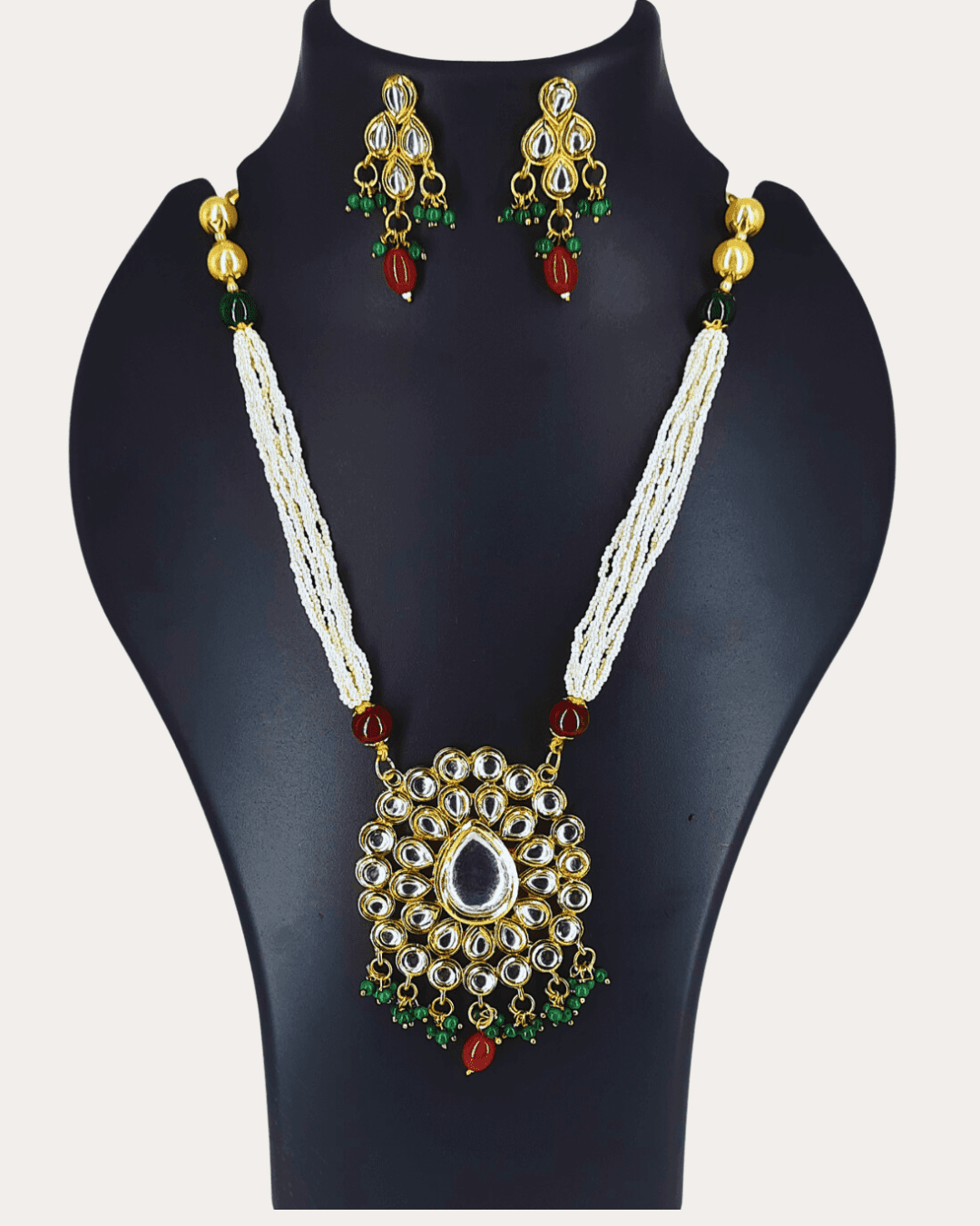 Stunning Kundan work, pearls, and green and red stone moti necklace