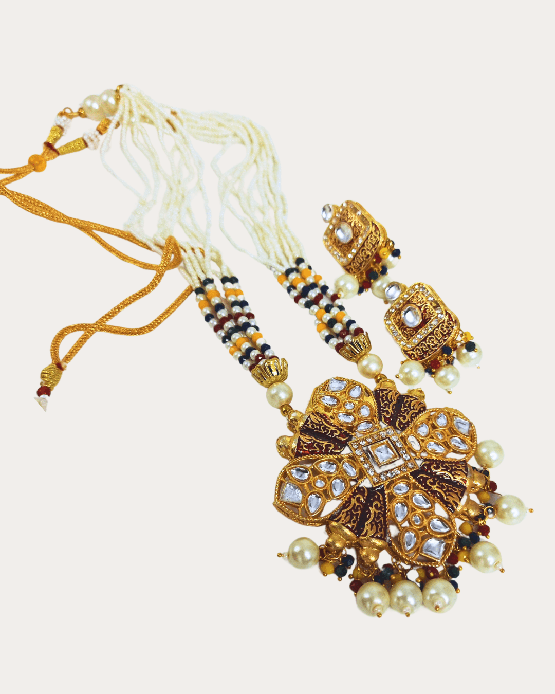 Gold Plated Moti Long Necklace Set With Kundan Work