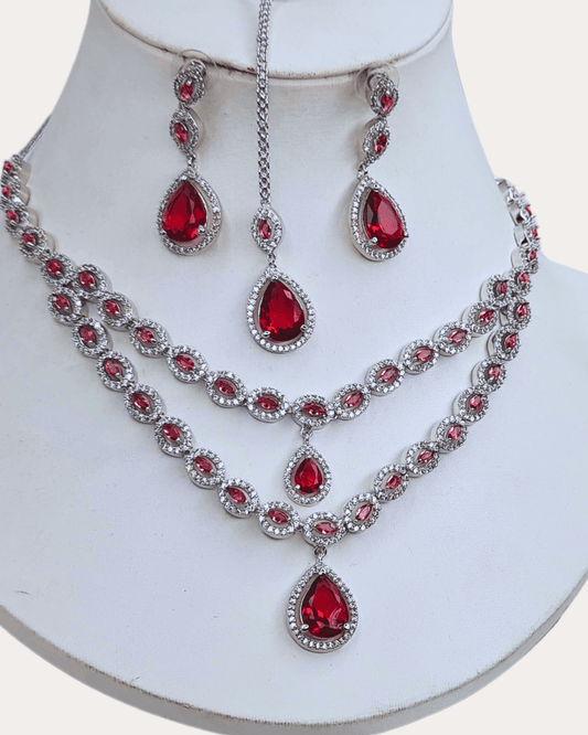 Twinkling Graceful Double Line Rose Pink Women Costume Necklace Set