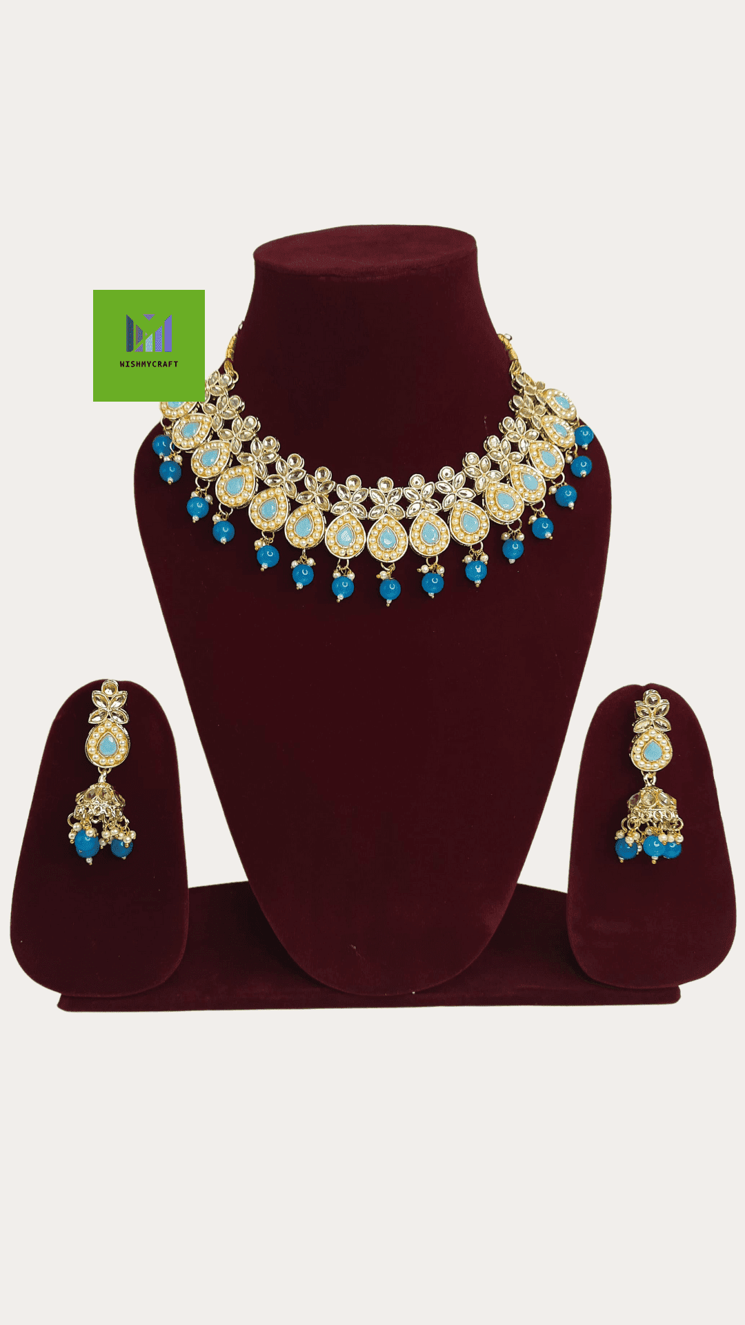 Designer Sky Colour Necklace Set With Jhumka For Women