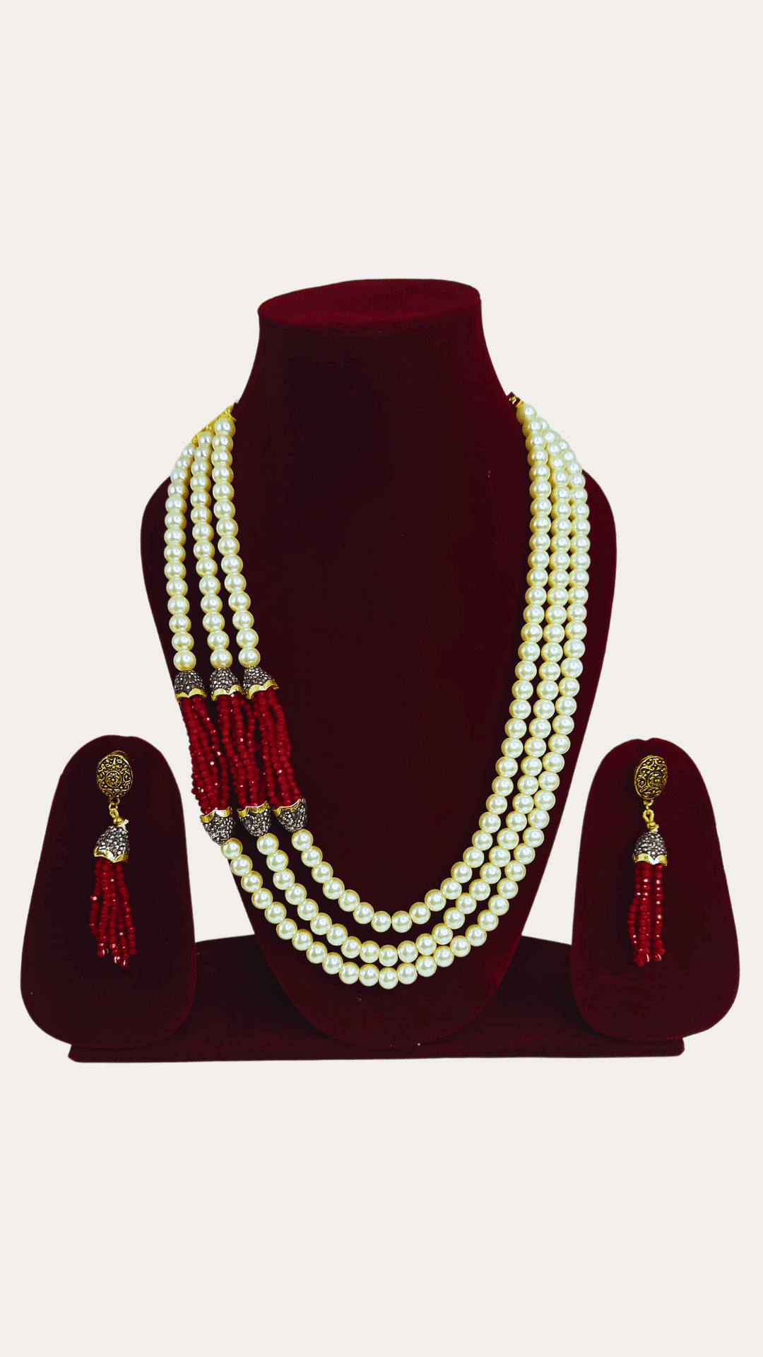 Red crystal with white pearl 3 line necklace set