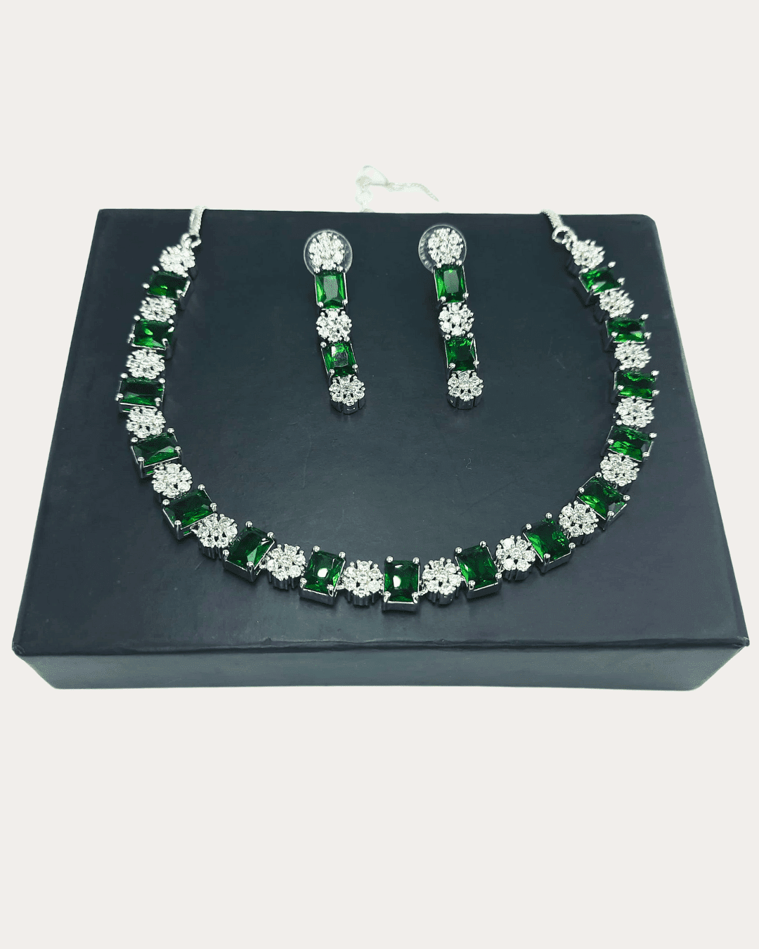 Square Shaped Green Stone Costume Ad Necklace Set