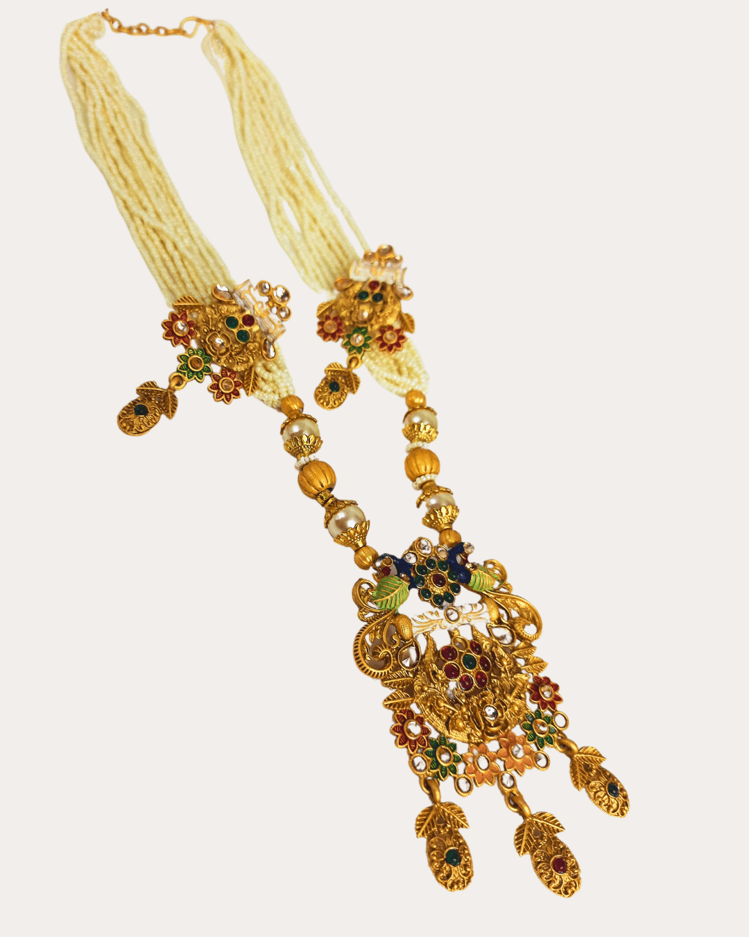 Kundan Mat Finished Meenakari Peacock Moti Necklace Set