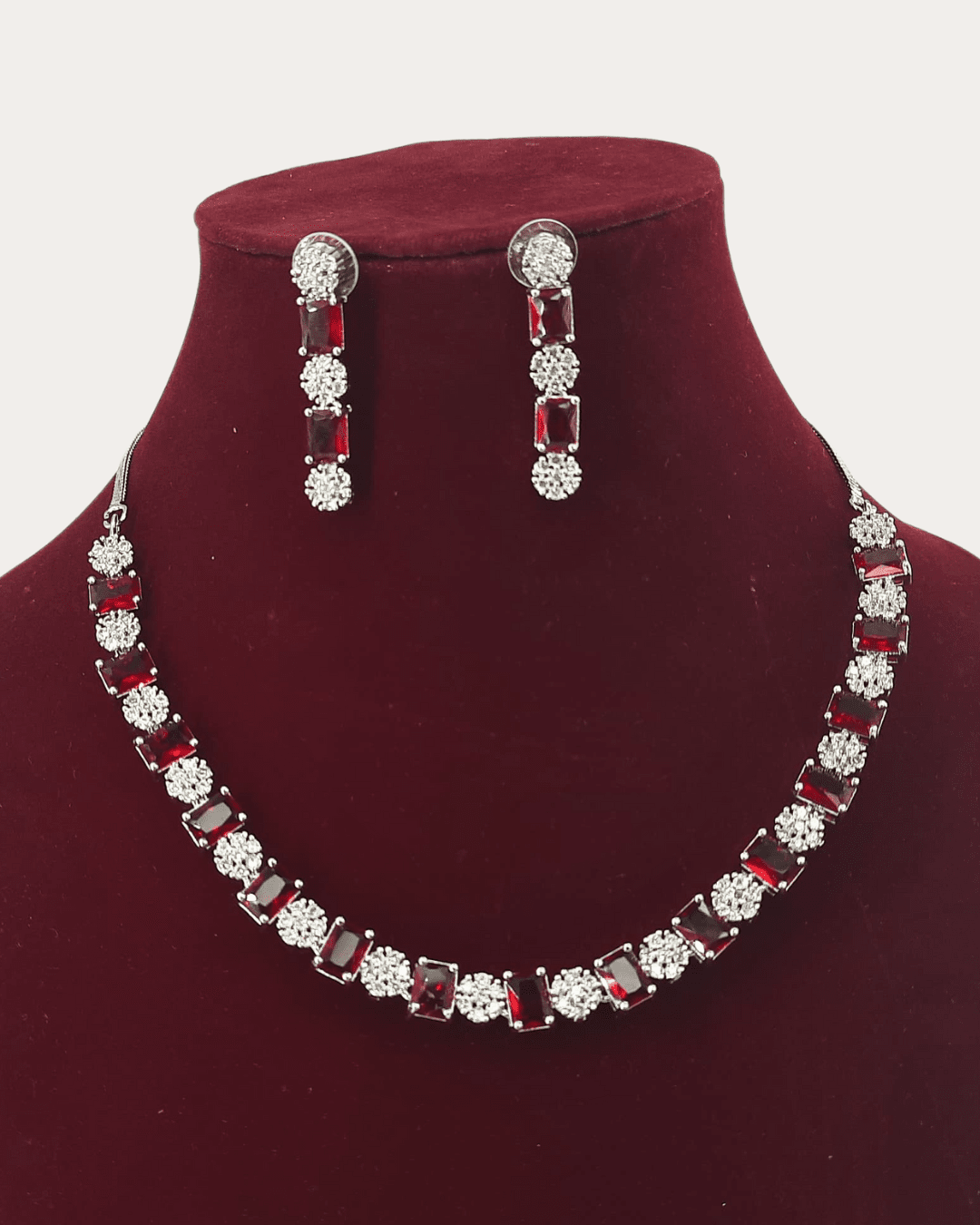 Square Shaped Red Stone Costume Ad Necklace Set