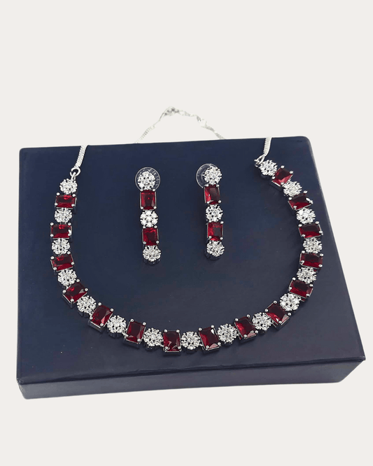 Square Shaped Red Stone Costume Ad Necklace Set