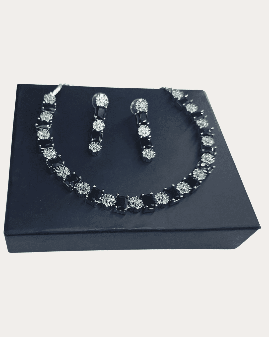 Square Shaped Black Stone Costume Ad Necklace Set