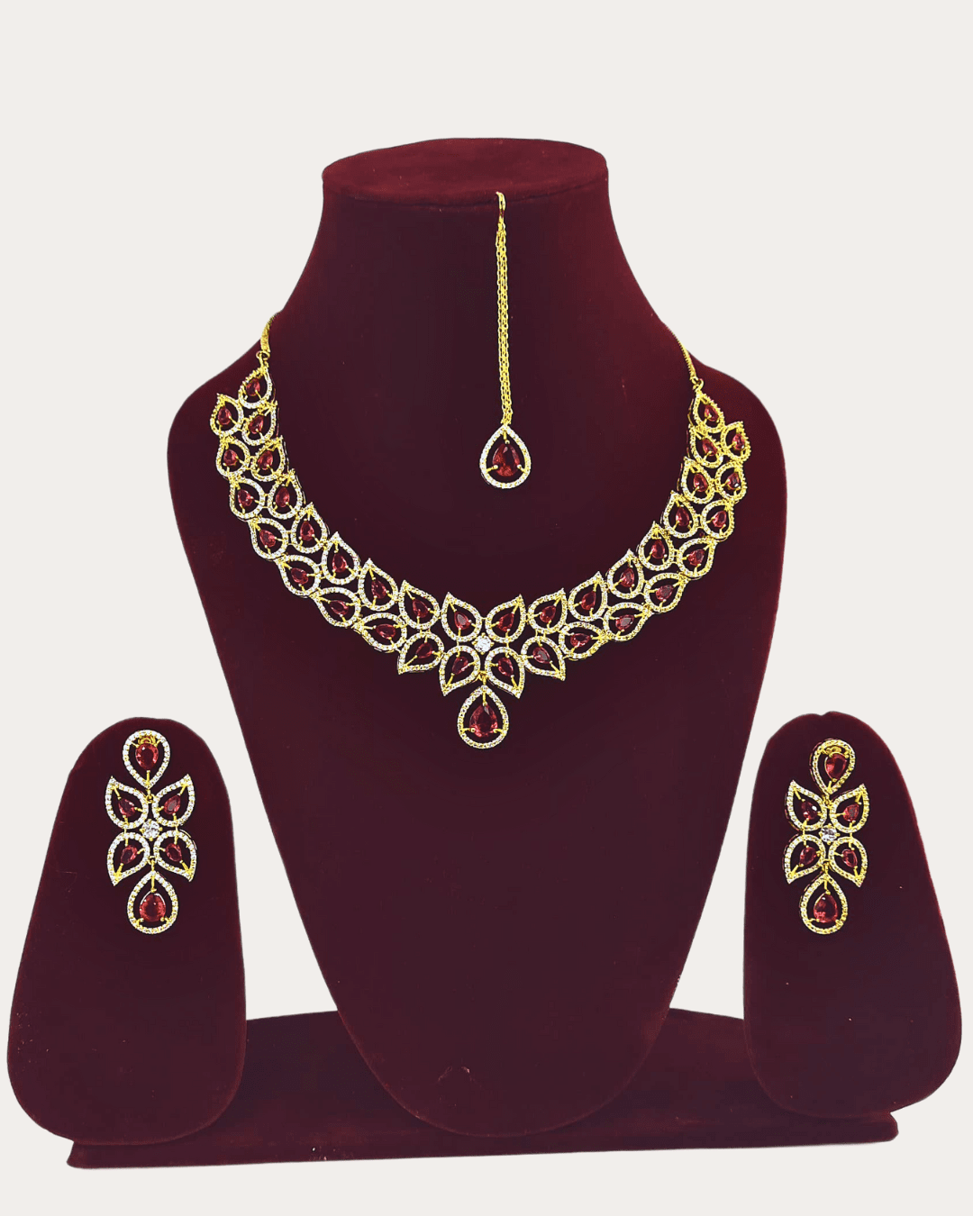 Costume Ad Stone Fitted Elegant Rose Colour Necklace Set With Maang Tikka