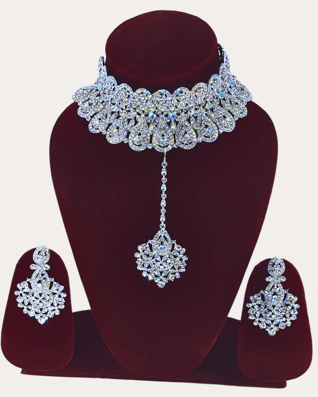 Alloy Artificial Rhodium Stone Necklace Set With Mang Tikka