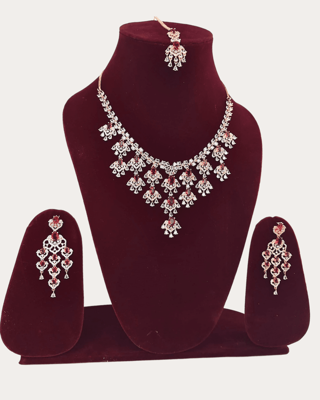 Rose Golden Shimmering Costume Necklace Set With Maang Tikka