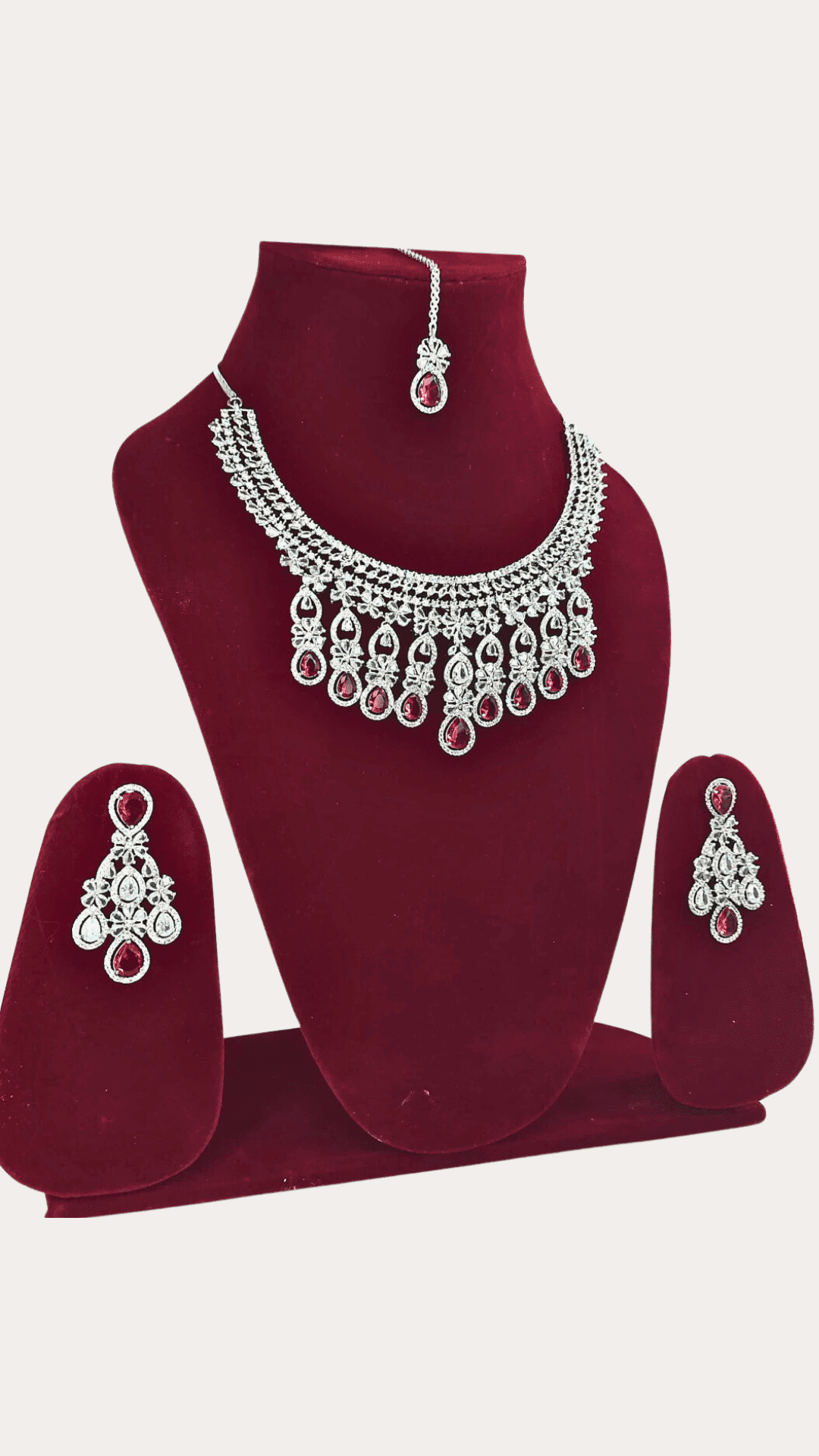 Dazzling Ad Stone Fitted Rose Colour Necklace Set With Maang Tikka