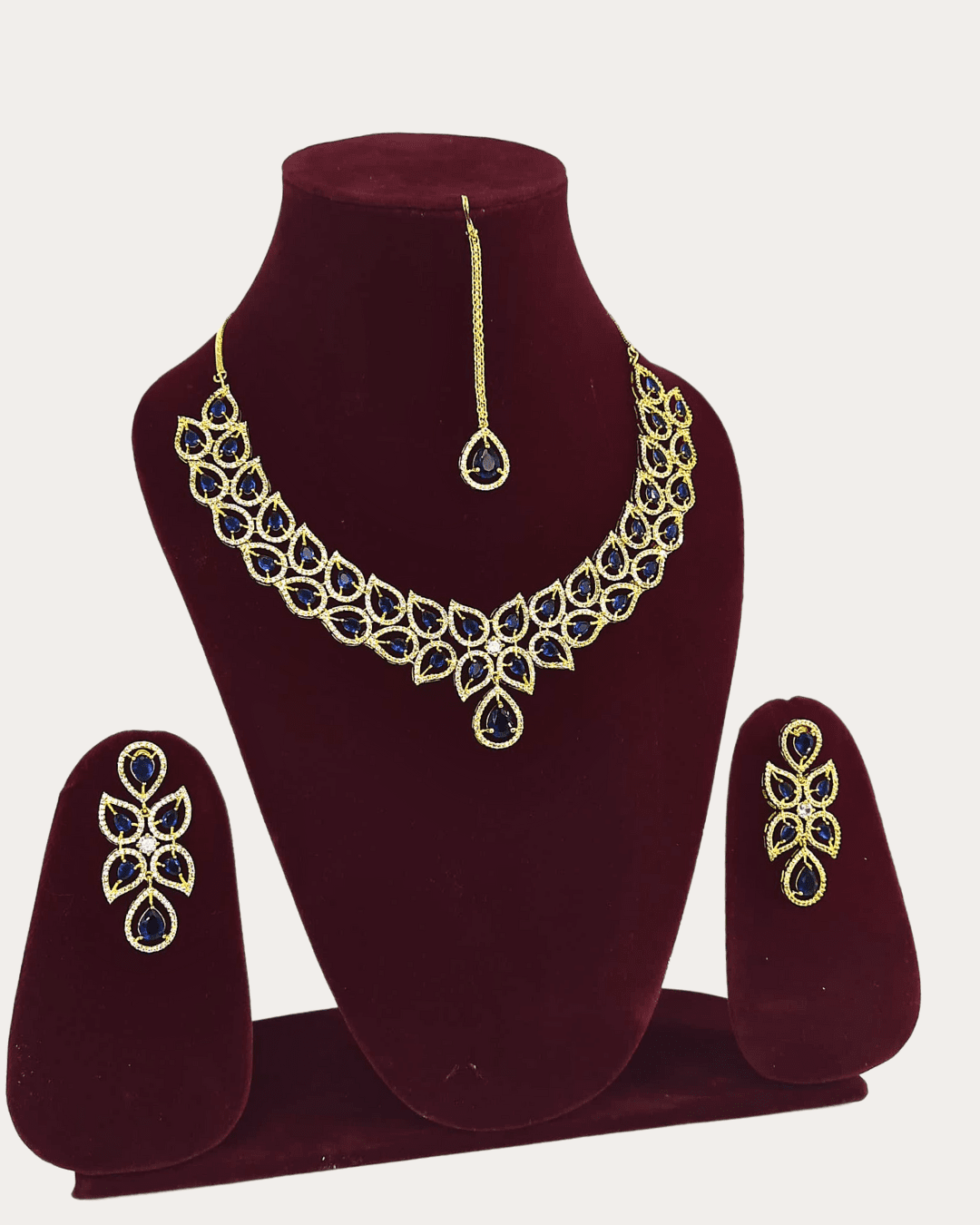 Costume Ad Stone Fitted Elegant Blue Colour Necklace Set With Maang Tikka