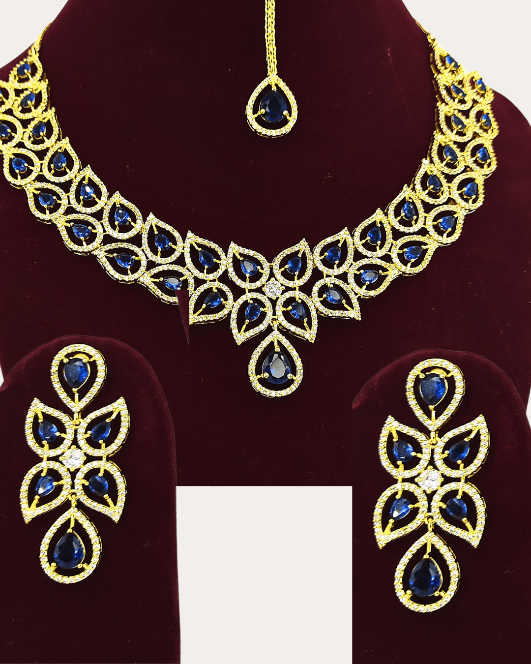 Costume Ad Stone Fitted Elegant Blue Colour Necklace Set With Maang Tikka