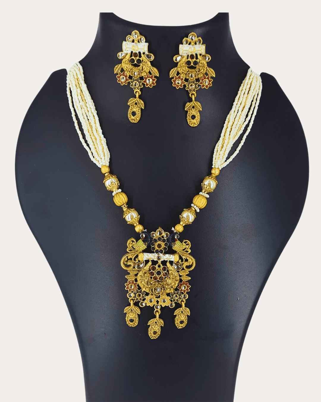 Kundan Mat Finished Meenakari Peacock Moti Necklace Set