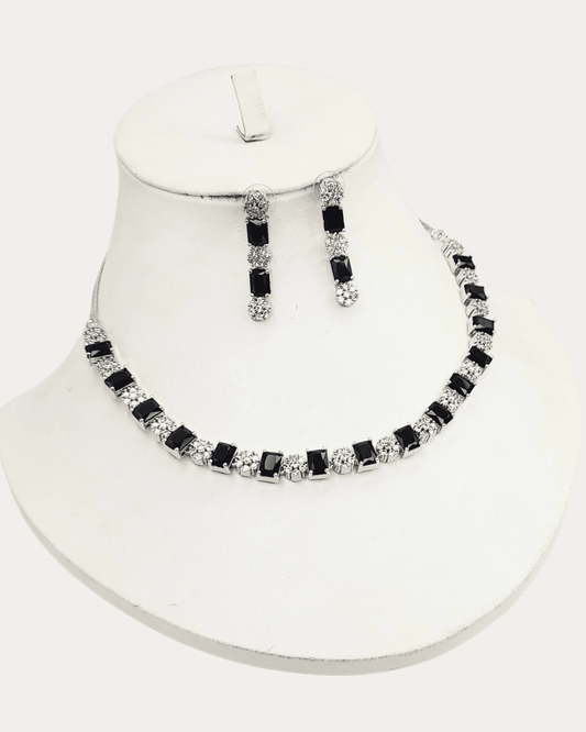 Square Shaped Black Stone Costume Ad Necklace Set