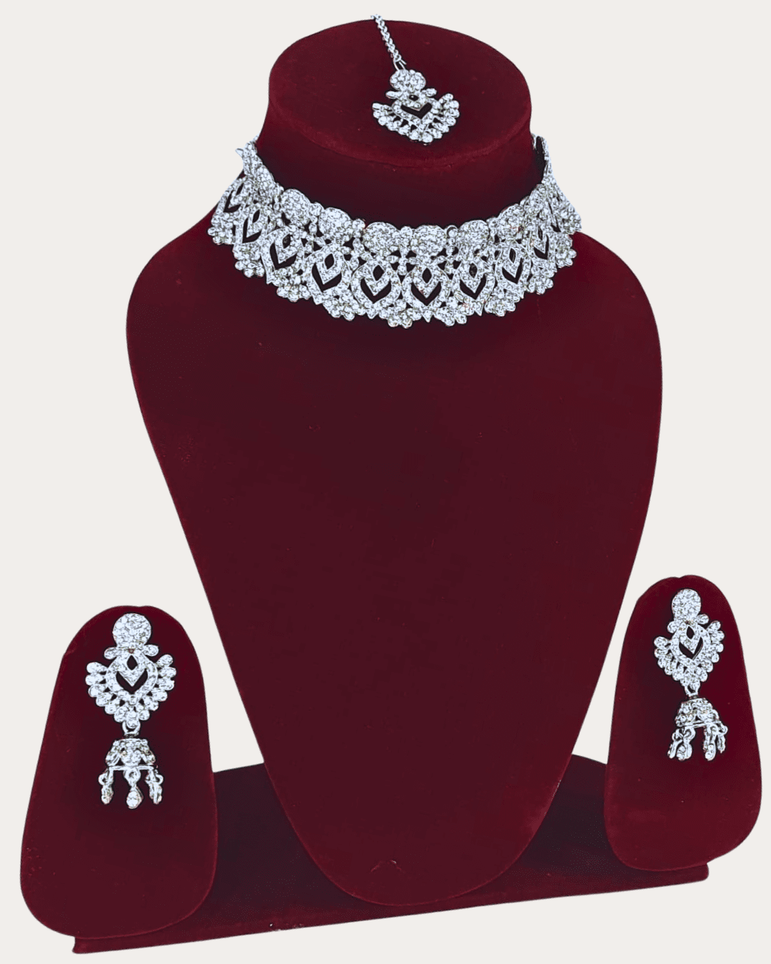 Artificial Rhodium White Stone Necklace Set With Mang Tikka