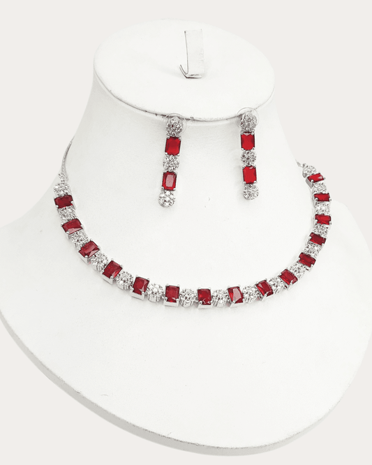 Square Shaped Red Stone Costume Ad Necklace Set