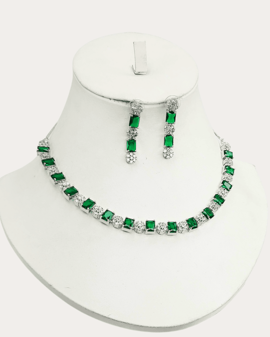 Square Shaped Green Stone Costume Ad Necklace Set