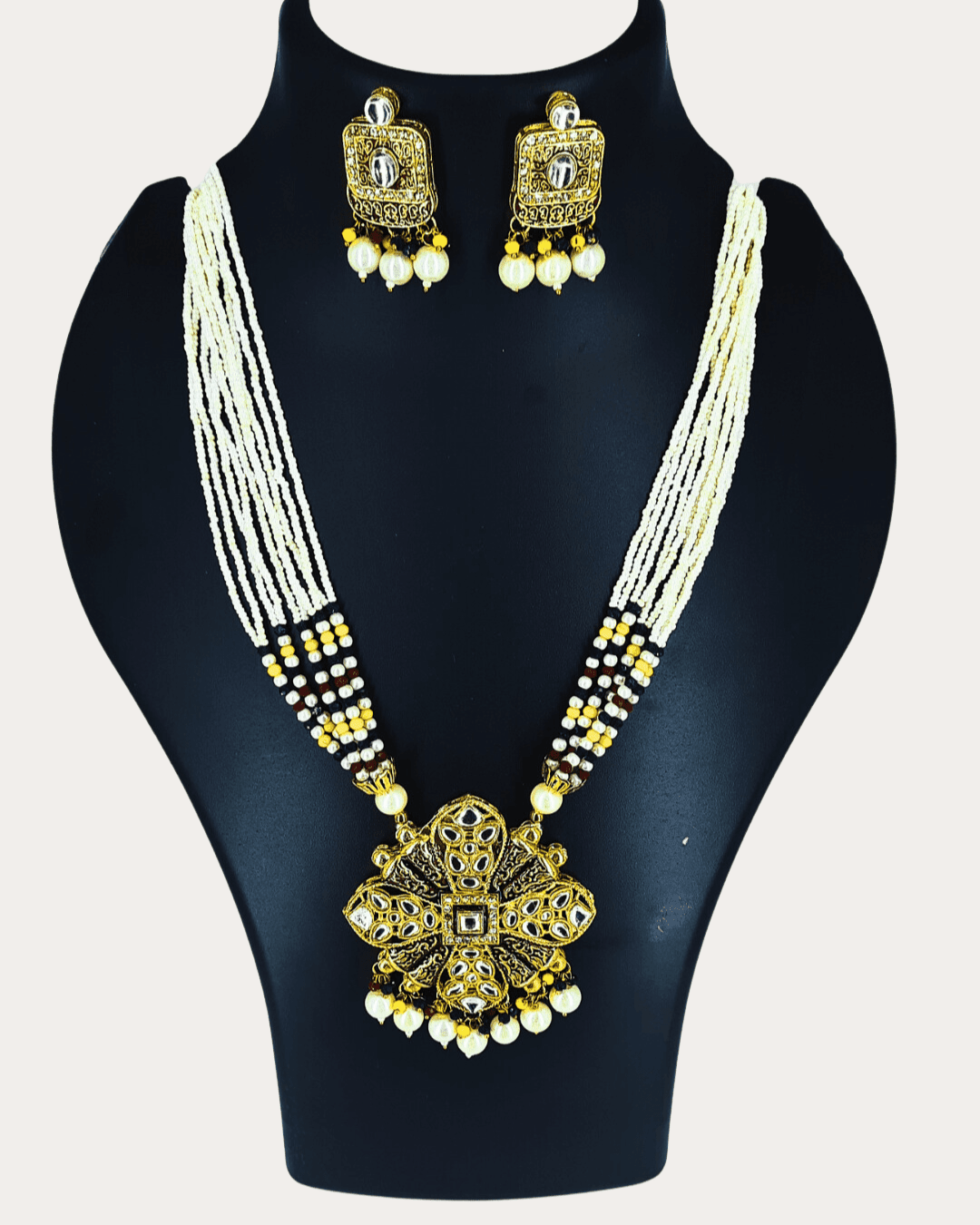 Gold Plated Moti Long Necklace Set With Kundan Work