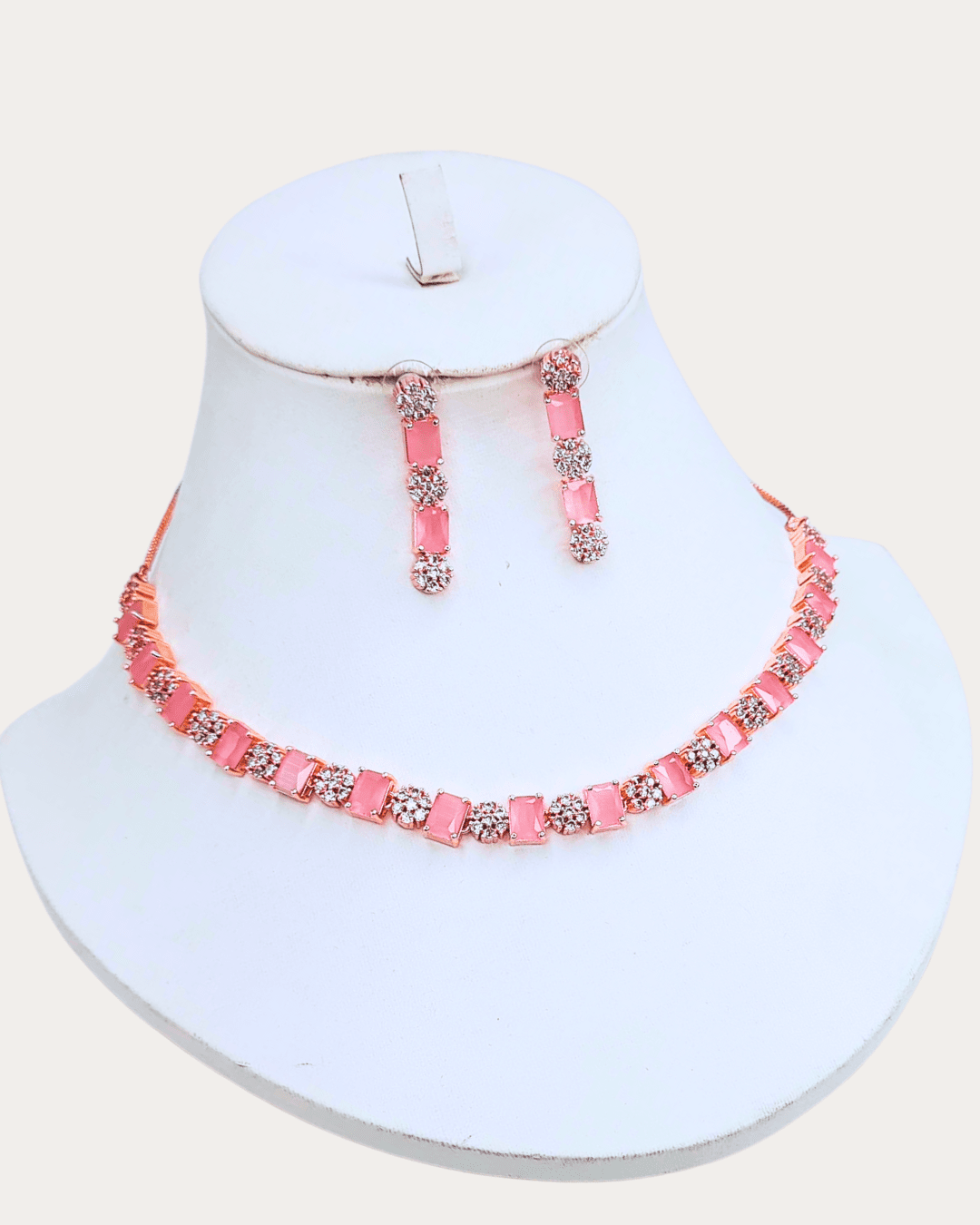 Square Shaped Pink Stone Costume Ad Necklace Set