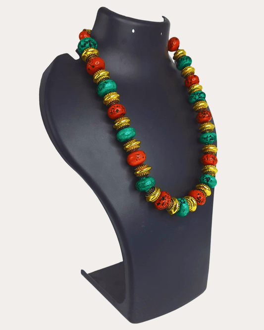 Beaded Red And Emerald Colour Necklace With Embossed Brass