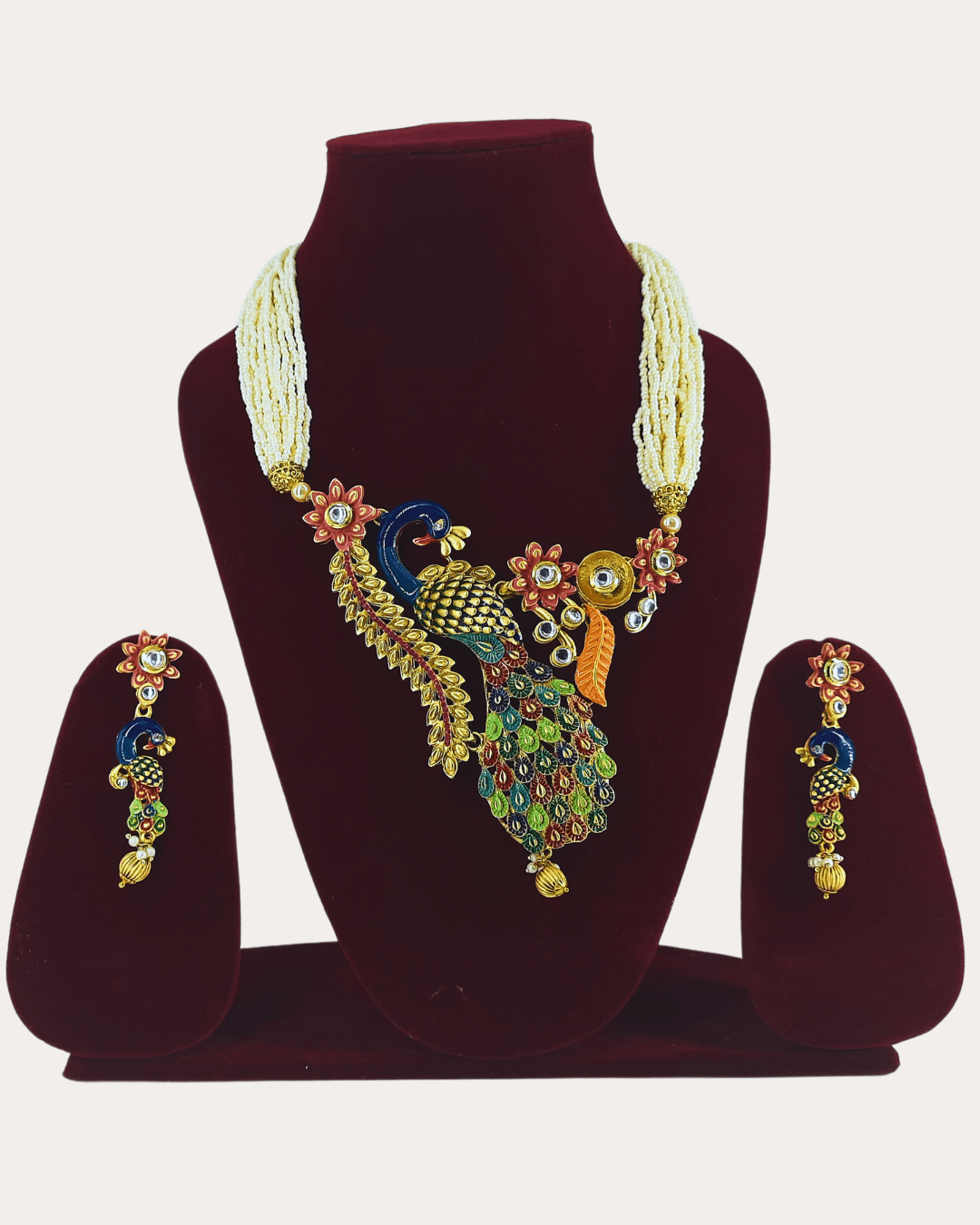 Long Meenakari Peacock Necklace Set, Indian Necklace,