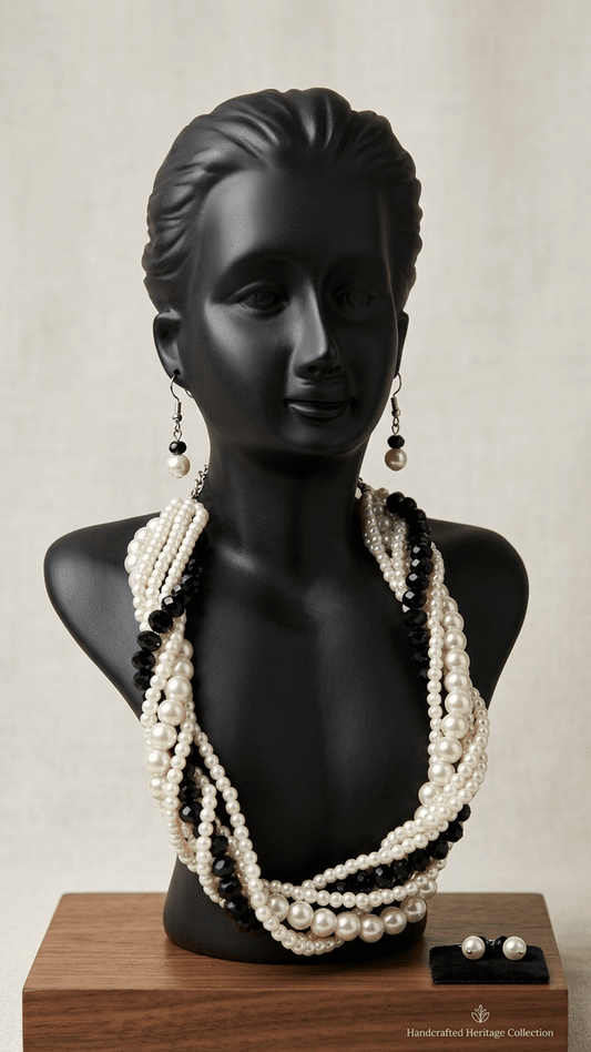 Versatile White Pearl With Black Crystal NeckPiece