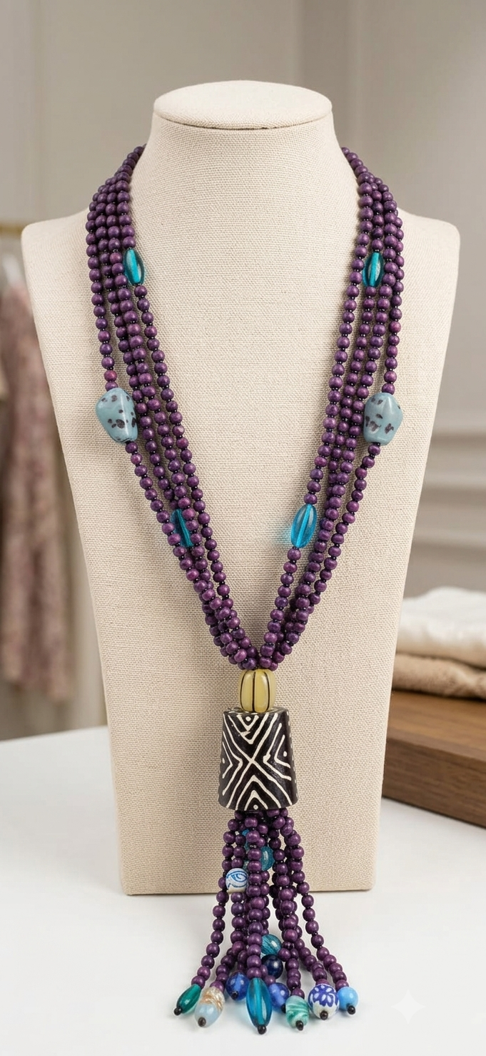 Boho Tribal Purple Beaded Tassel Necklace