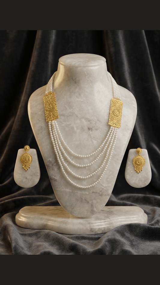 Moti Gold Plated 4Line Layred Necklace