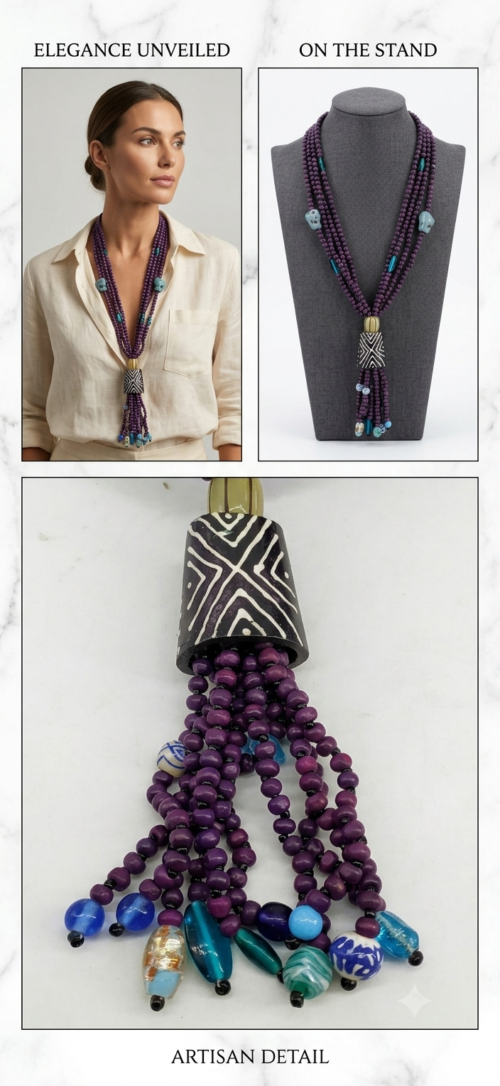 Boho Tribal Purple Beaded Tassel Necklace
