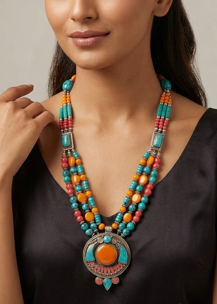 Tibetan / Nepalese Style Multi-Strand Statement Pendant Necklace