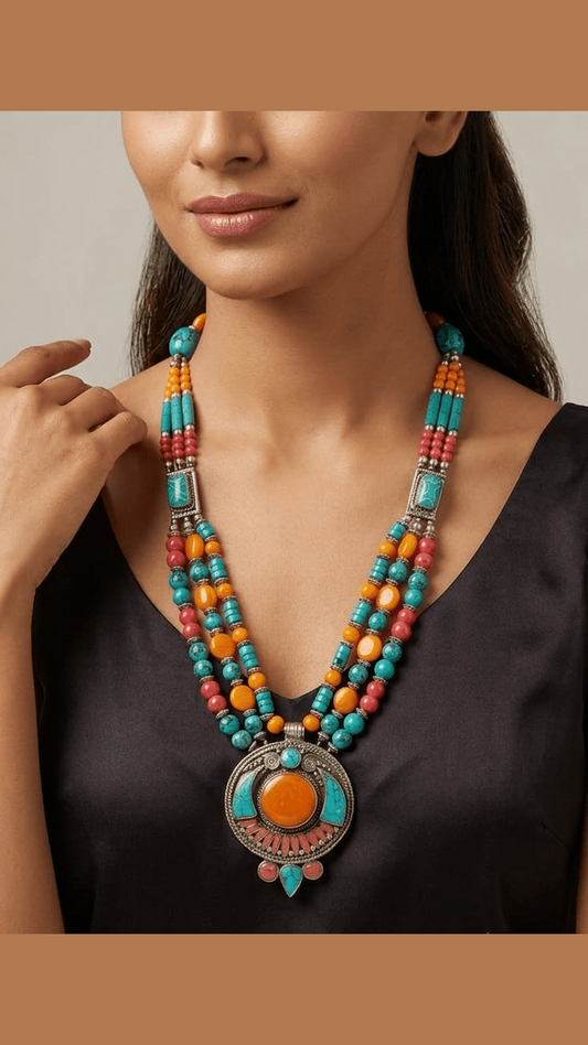 Tibetan / Nepalese Style Multi-Strand Statement Pendant Necklace