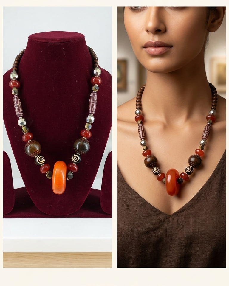 Tribal Tibetan Dzi & Amber-Style Bead Statement Necklace