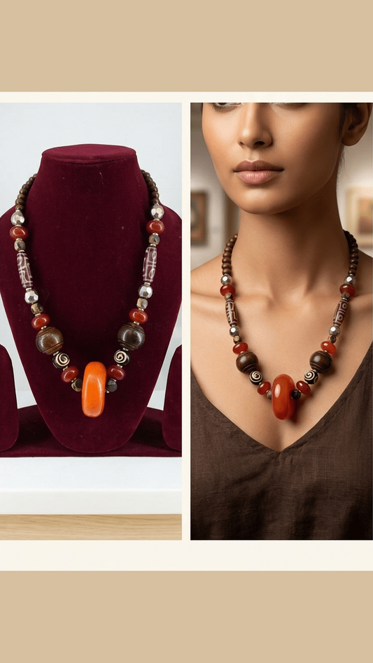 Tribal Tibetan Dzi & Amber-Style Bead Statement Necklace