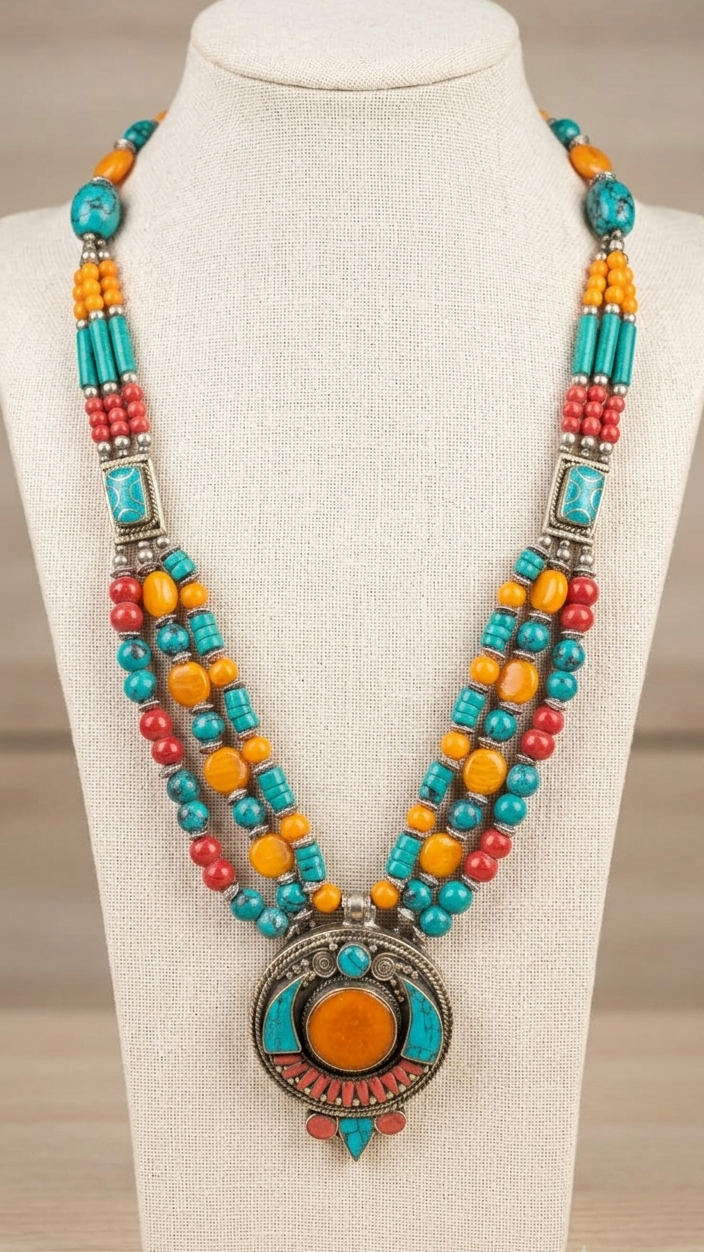 Tibetan / Nepalese Style Multi-Strand Statement Pendant Necklace