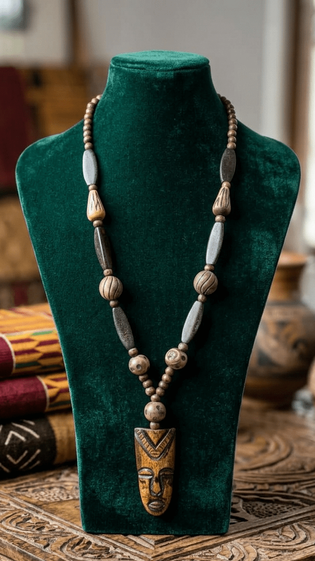 African Long Beads Necklace With Tribal Face Mask Pendent
