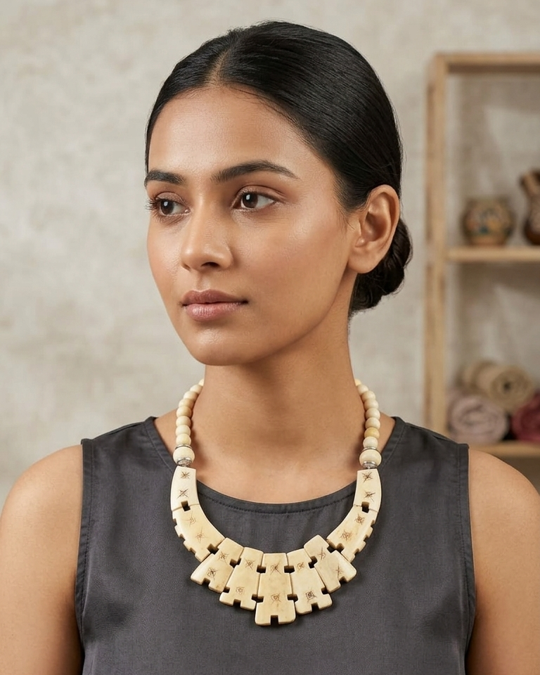 Artisan Ethnic Carved Bone Collar Necklace