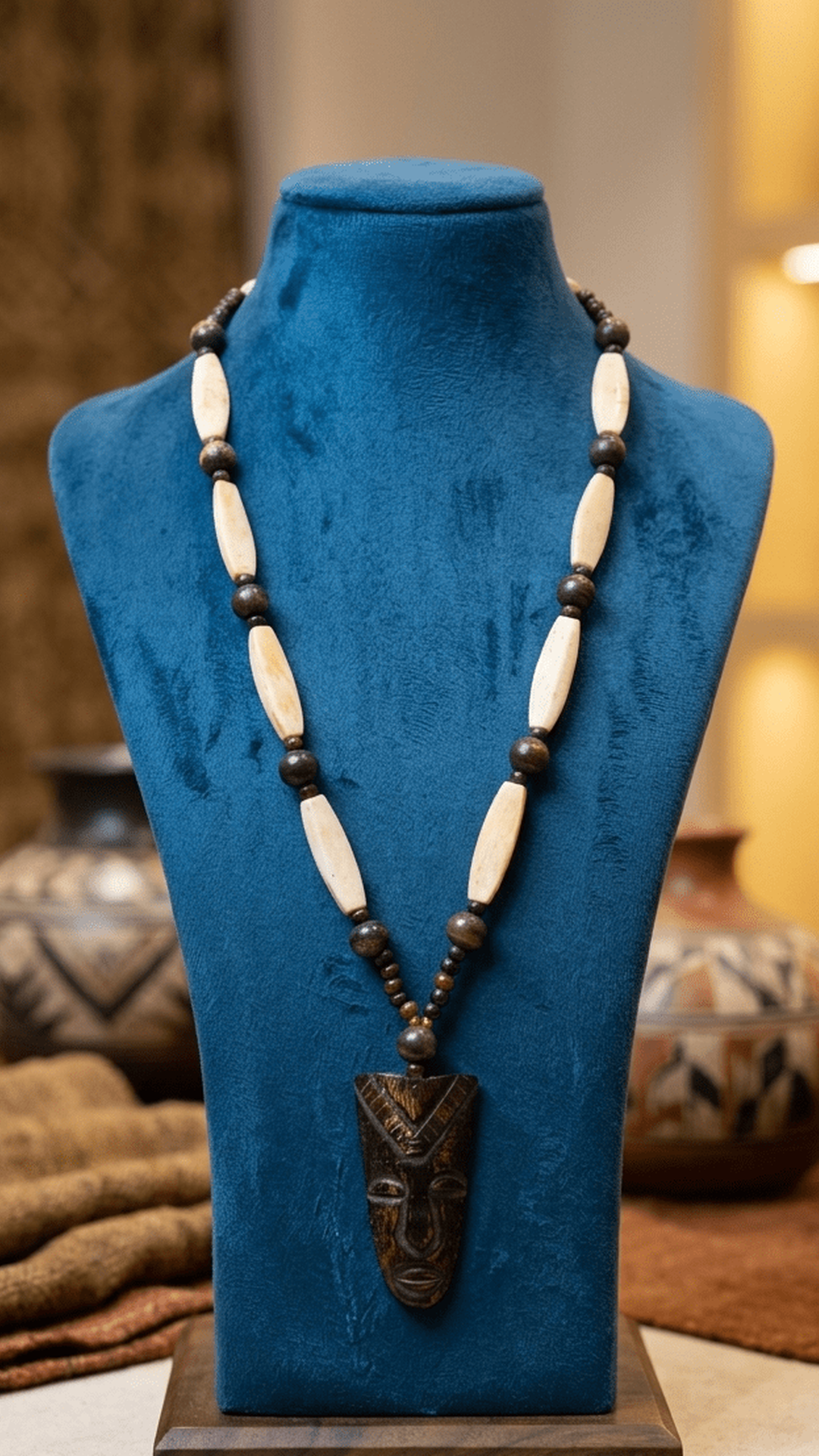 African Long Beads Necklace With Tribal Face Mask Pendent