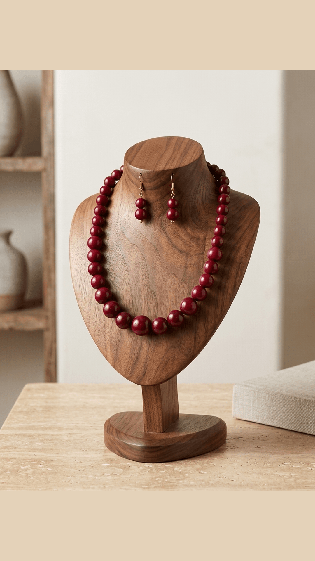 Dark Maroon Ball Beaded Necklace With Earring