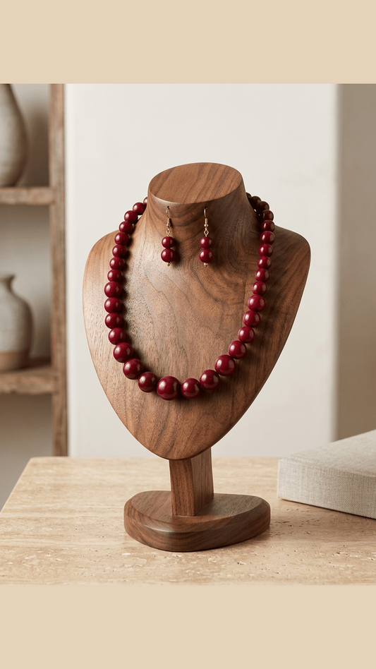 Dark Maroon Ball Beaded Necklace With Earring