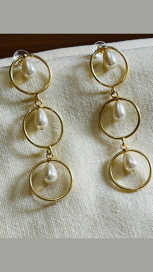 Fancy Brass Pearl Drop Golden Hoops Dangler Earrings