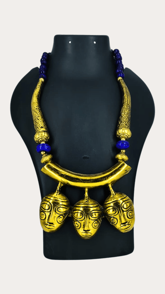 Very Beautiful African Tribal 3 Mask Faces pendants Ancient mosaic glass Beads necklace
