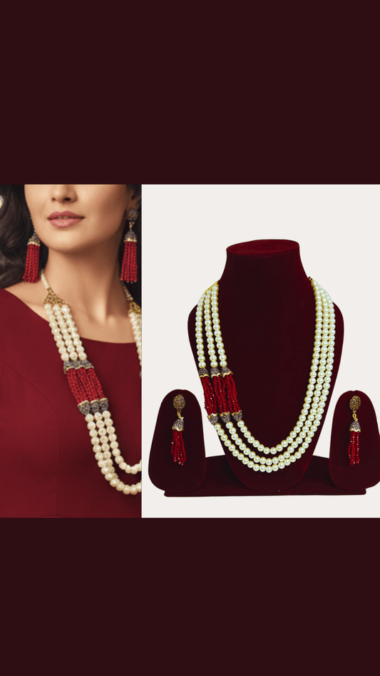 Red crystal with white pearl 3 line necklace set