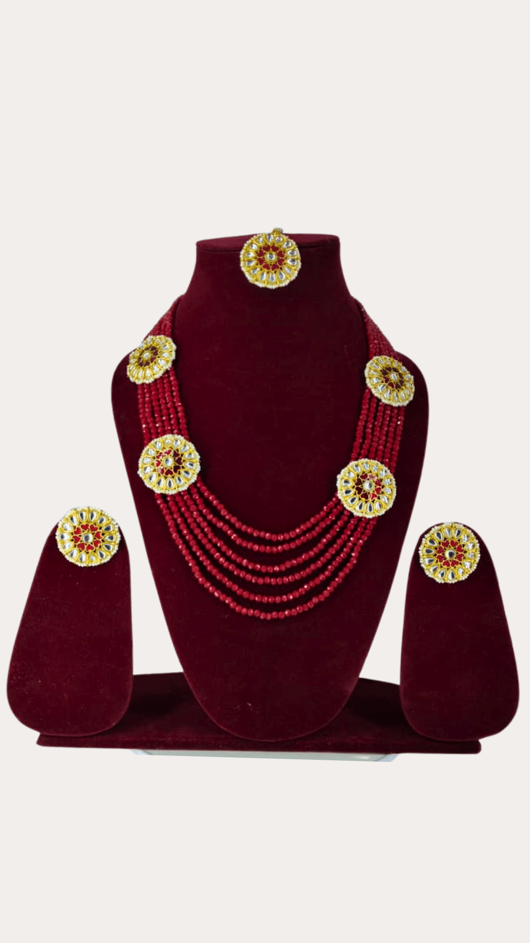 Kundan maroon colour crystal necklace set with maang tikka