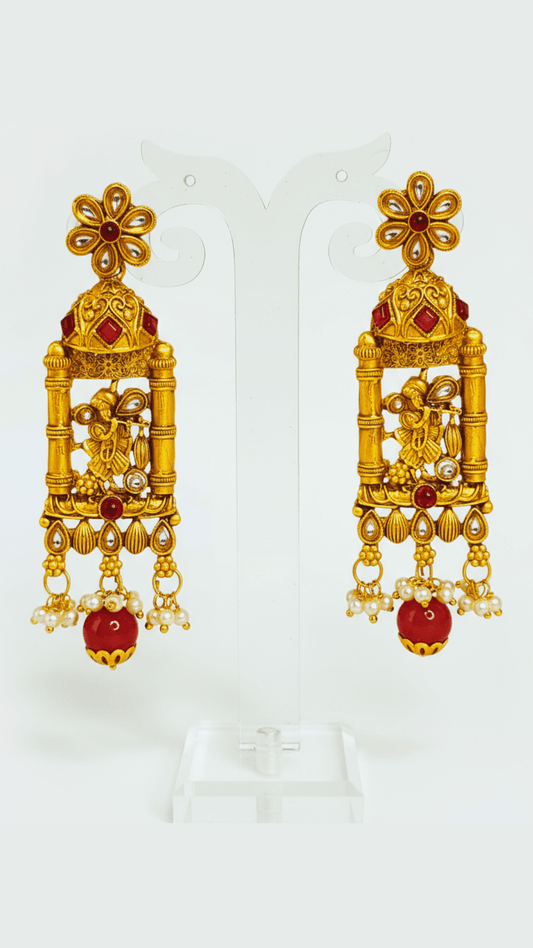 Traditional krishna kundan temple golden earring with moti drops