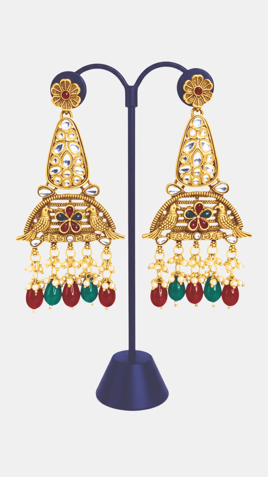 Traditional kundan temple bell designer multicolour Bead Drops golden earring