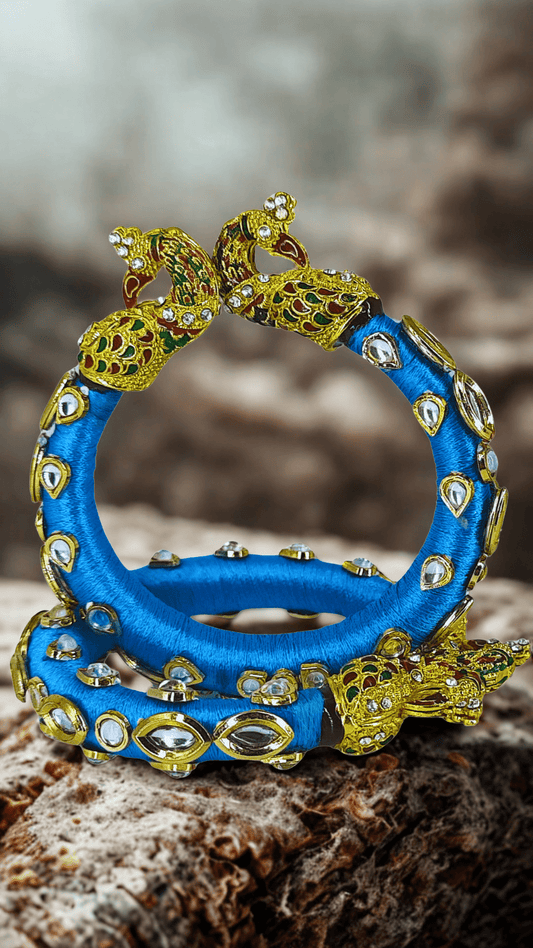Peacock motif kundan stone fitted sky colour single Bangle 2.4