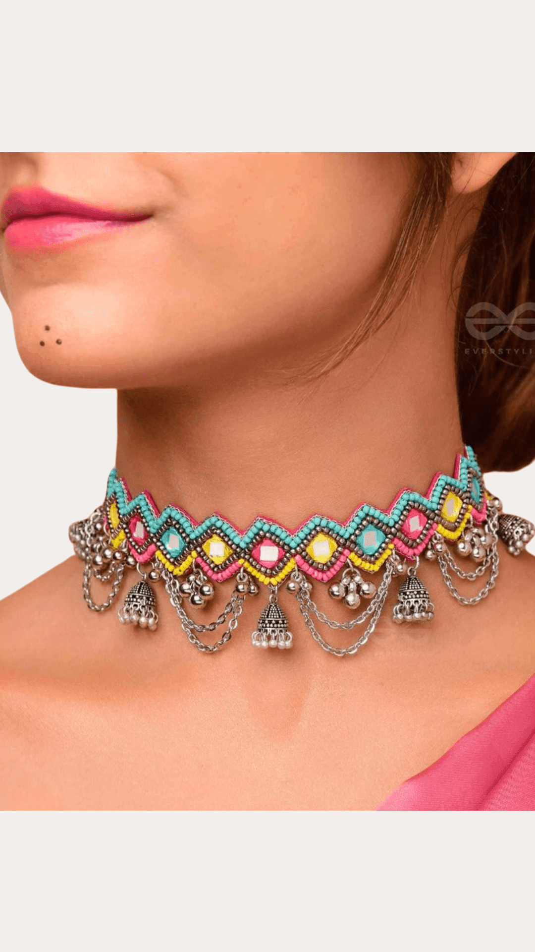 Rainbow Beads & Mirror Embroidered And Oxidize Necklace